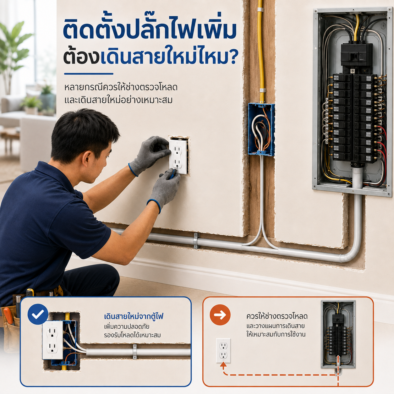 ติดตั้งปลั๊กไฟเพิ่มต้องเดินสายใหม่ไหม