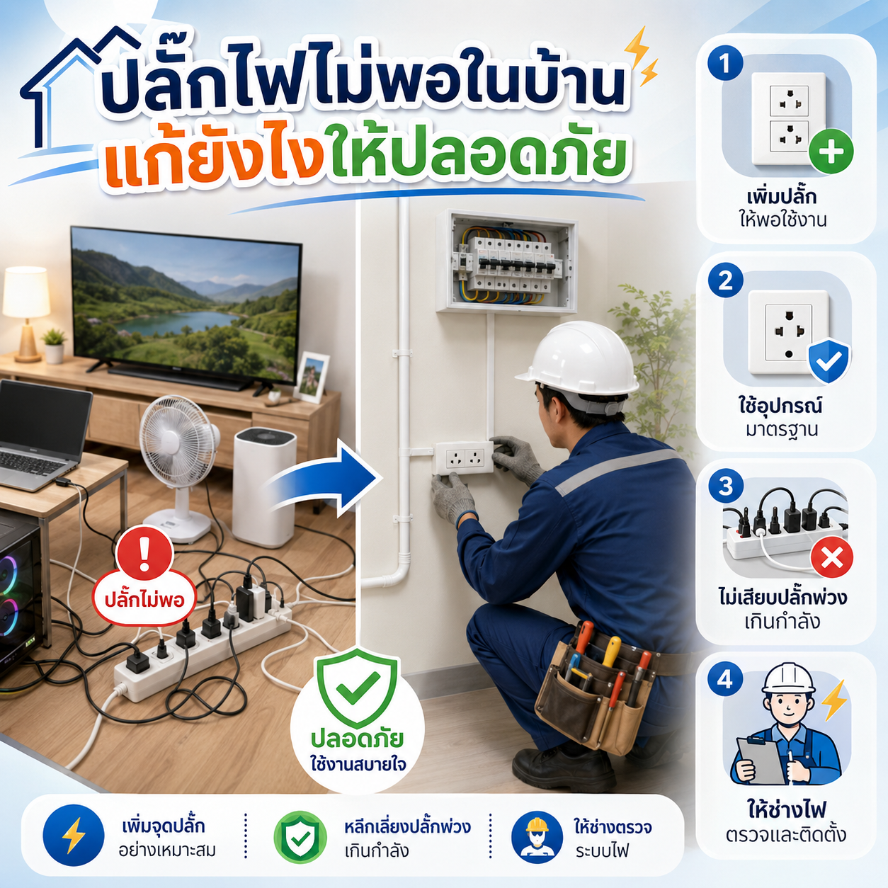 ปลั๊กไฟไม่พอในบ้านแก้ยังไงให้ปลอดภัย