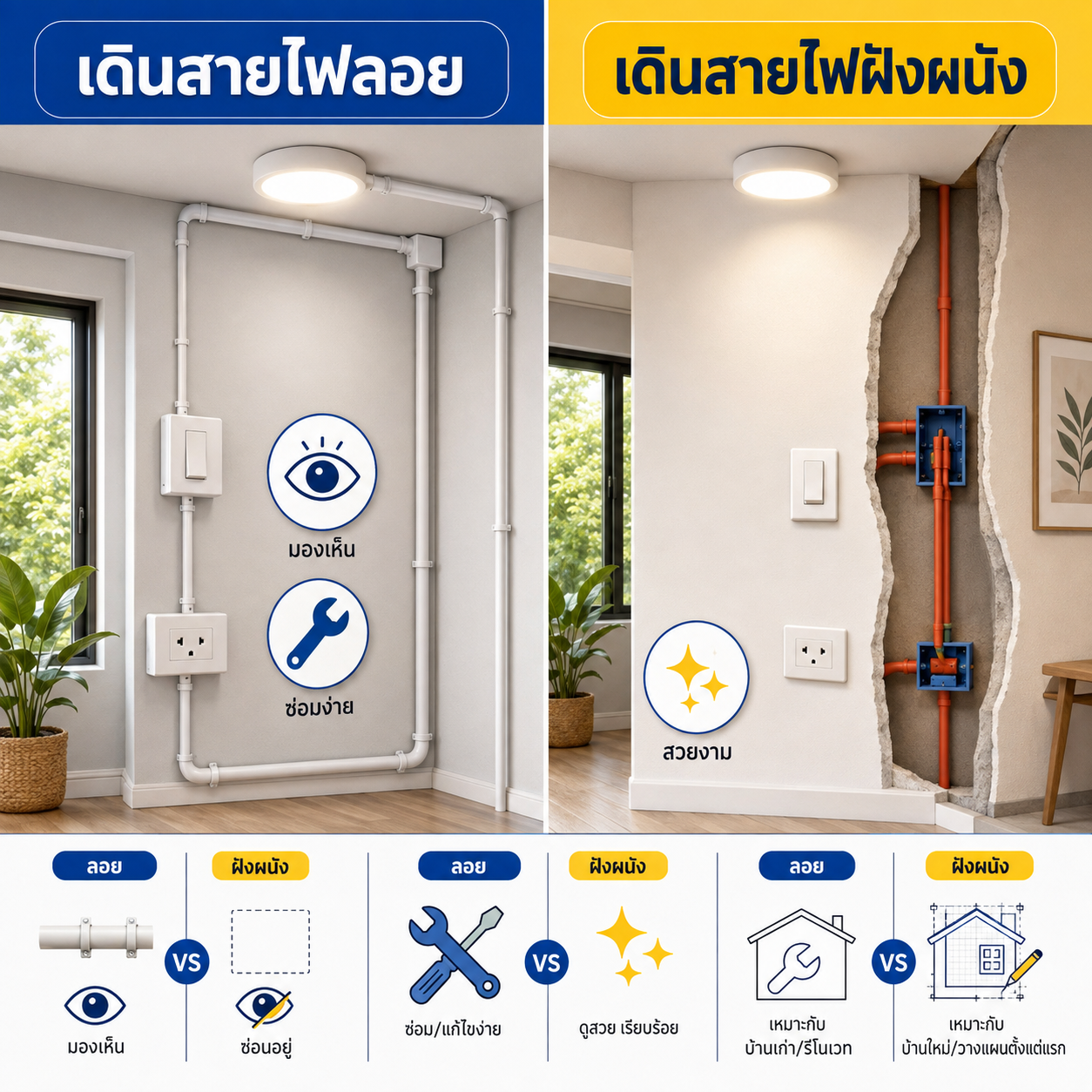 เดินสายไฟลอยกับฝังผนัง ต่างกันอย่างไร